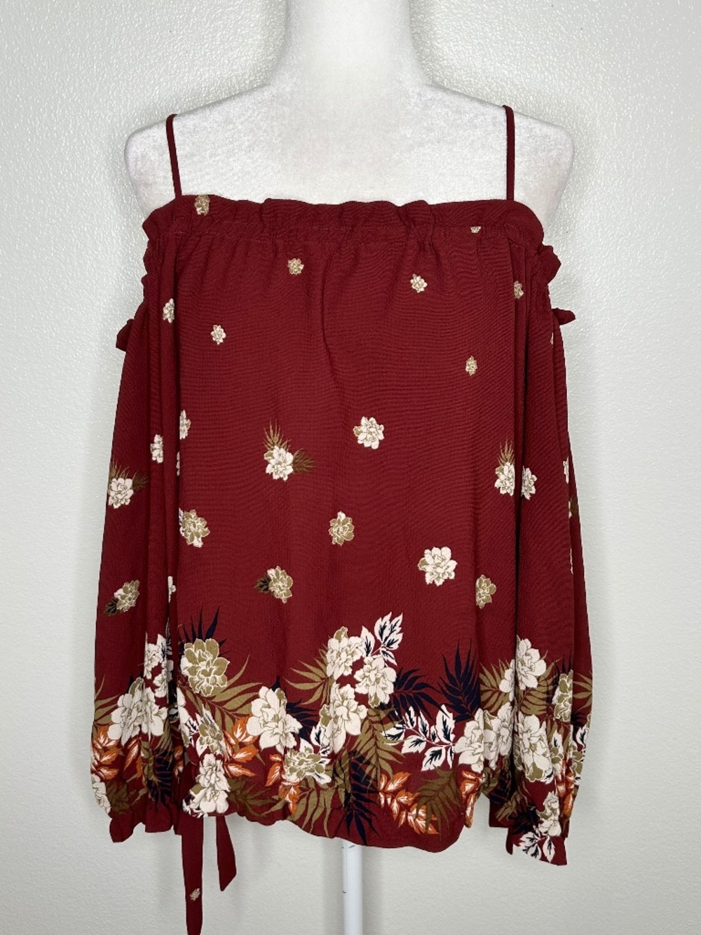 Zenobia Womens Burgundy Floral Cold Shoulder Top Blouse Plus Size 3XL